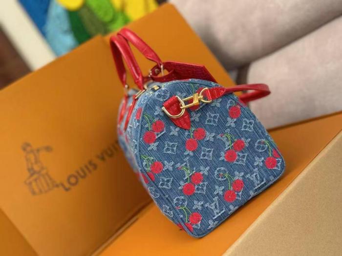 LOUIS VUITTON Takashi Murakami, Collaboration SPEEDY SOFT Denim Shoulder Bag, Crossbody Bag, Handbag Women's Blue & Red N87627 size 30*17*21 cm