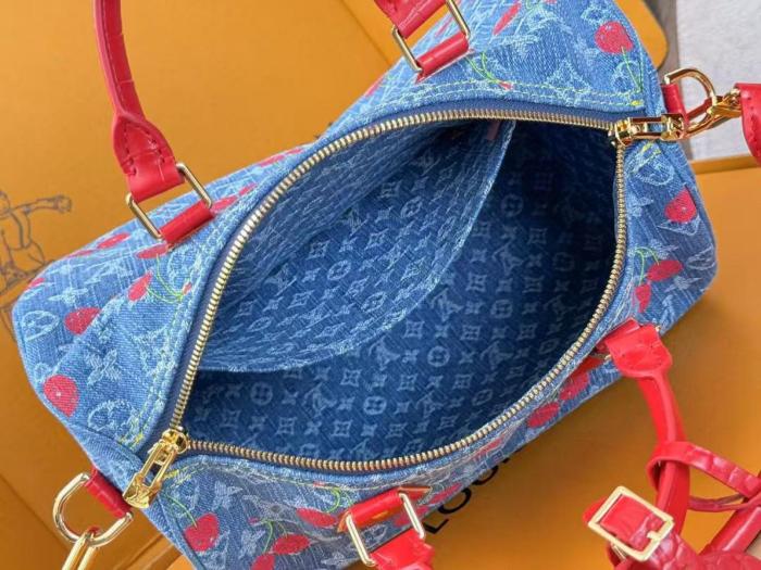 LOUIS VUITTON Takashi Murakami, Collaboration SPEEDY SOFT Denim Shoulder Bag, Crossbody Bag, Handbag Women's Blue & Red N87627 size 30*17*21 cm