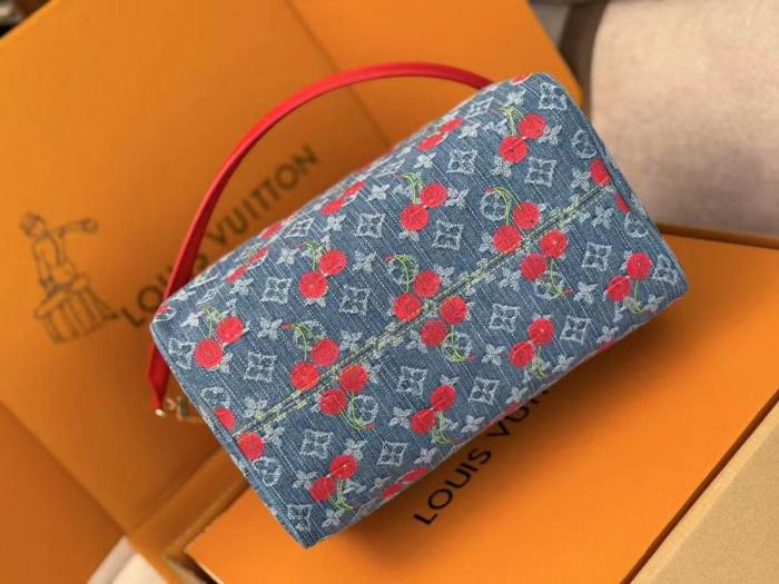 LOUIS VUITTON Takashi Murakami, Collaboration SPEEDY SOFT Denim Shoulder Bag, Crossbody Bag, Handbag Women's Blue & Red N87627 size 30*17*21 cm