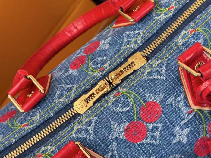 LOUIS VUITTON Takashi Murakami, Collaboration SPEEDY SOFT Denim Shoulder Bag, Crossbody Bag, Handbag Women's Blue & Red N87627 size 30*17*21 cm