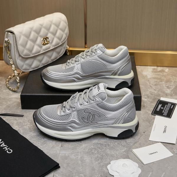 CHANEL Fabric Logo Low top Casual Shoes Silver Gray