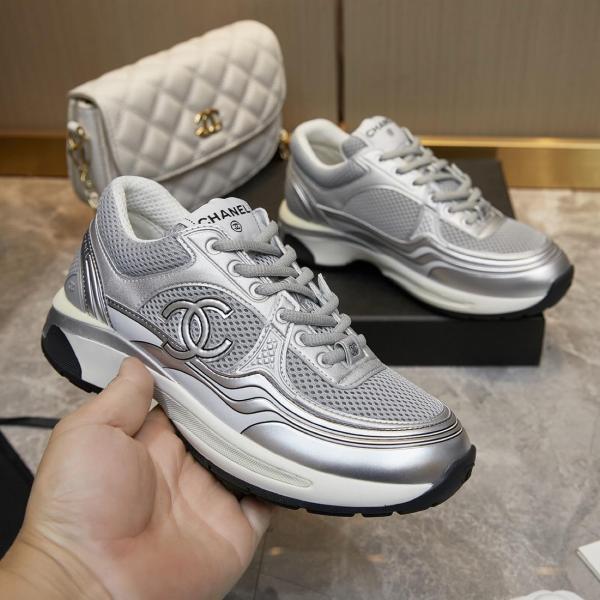 CHANEL Fabric Logo Low top Casual Shoes Silver Gray
