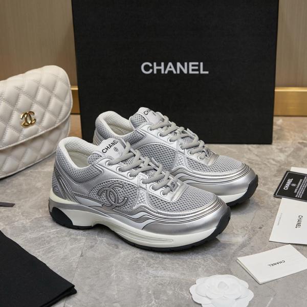 CHANEL Fabric Logo Low top Casual Shoes Silver Gray