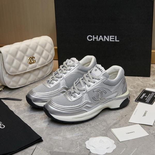 CHANEL Fabric Logo Low top Casual Shoes Silver Gray
