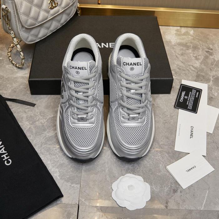 CHANEL Fabric Logo Low top Casual Shoes Silver Gray