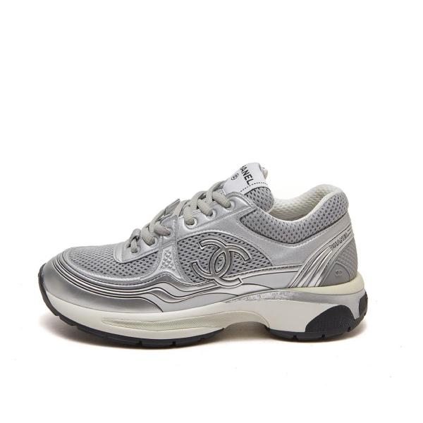 CHANEL Fabric Logo Low top Casual Shoes Silver Gray