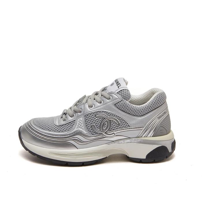 CHANEL Fabric Logo Low top Casual Shoes Silver Gray