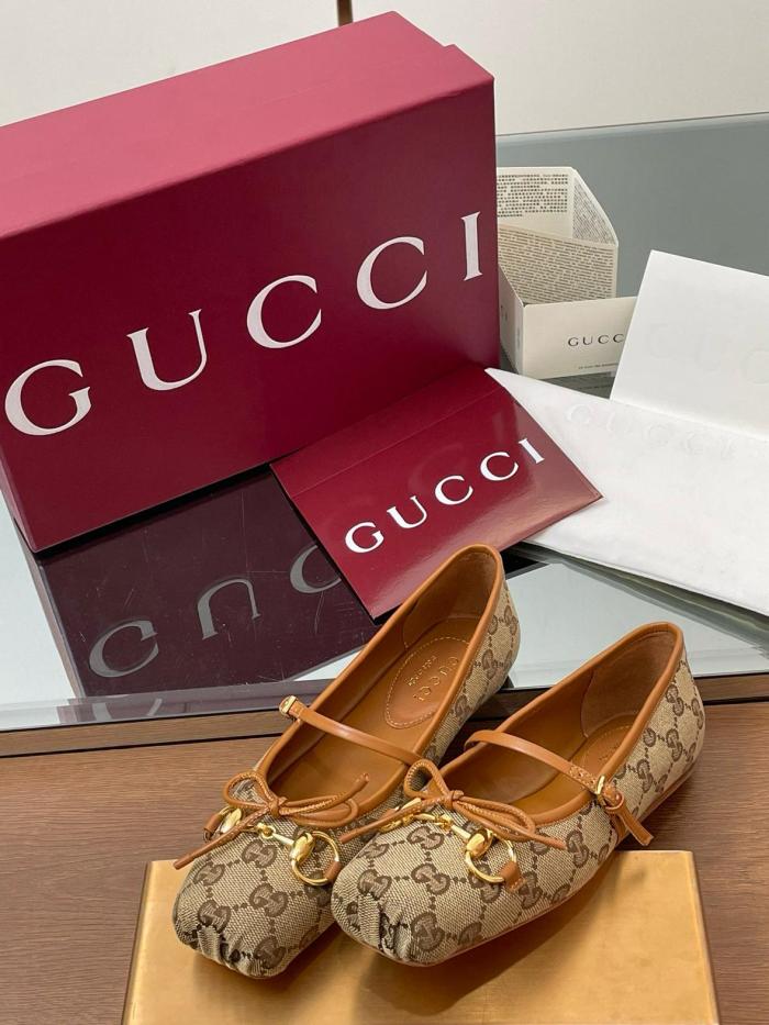 GUCCI Women's Horsebit Ballet 'GG Canvas Beige Dark Brown' Women's