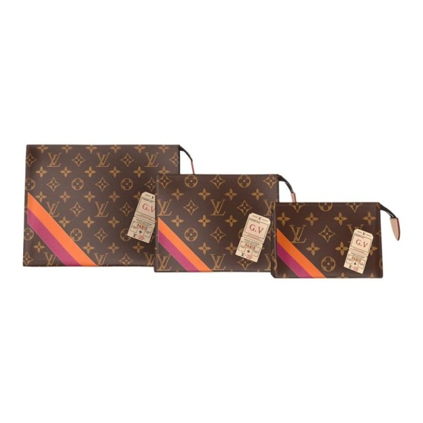 LOUIS VUITTON TrioMonogram Embossed Coated Fabric Toiletry Bag Combo Set Unisex Brown P01952 size 25*20*5.5 cm