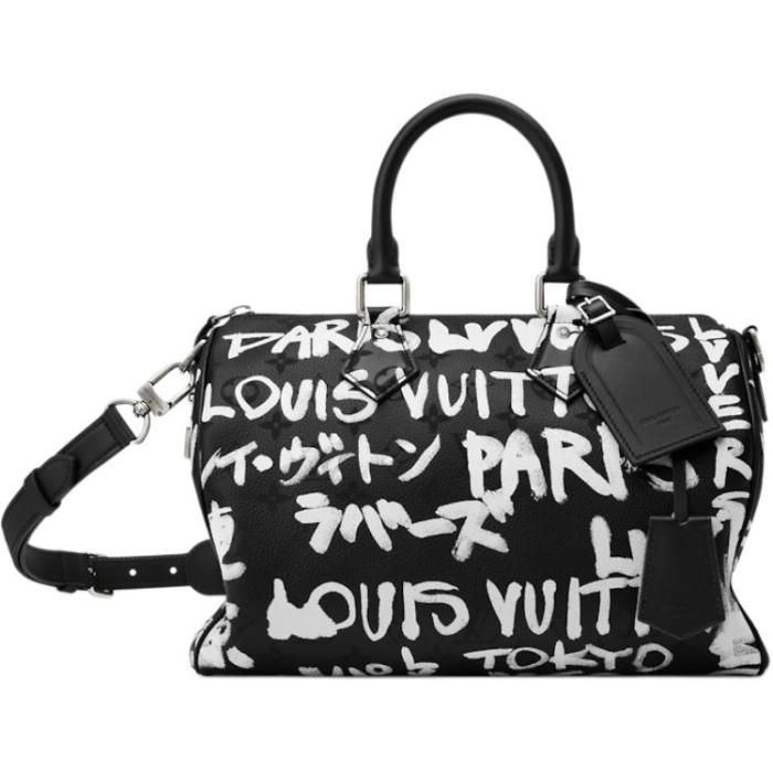 LOUIS VUITTON NIGO Collaboration Speedy Cow Leather Shoulder Bag, Crossbody Bag, Handbag Men's Black & White M26175 size 32*18*22.5 cm
