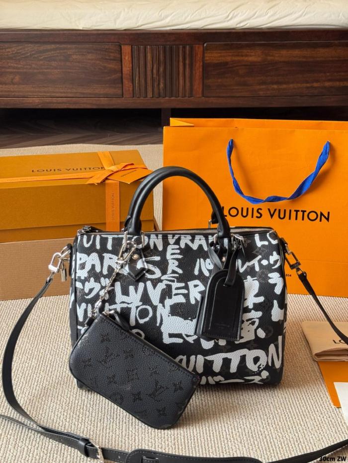 LOUIS VUITTON NIGO Collaboration Speedy Cow Leather Shoulder Bag, Crossbody Bag, Handbag Men's Black & White M26175 size 32*18*22.5 cm