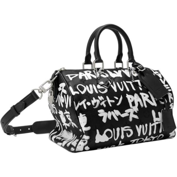LOUIS VUITTON NIGO Collaboration Speedy Cow Leather Shoulder Bag, Crossbody Bag, Handbag Men's Black & White M26175 size 32*18*22.5 cm