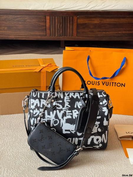 LOUIS VUITTON NIGO Collaboration Speedy Cow Leather Shoulder Bag, Crossbody Bag, Handbag Men's Black & White M26175 size 32*18*22.5 cm