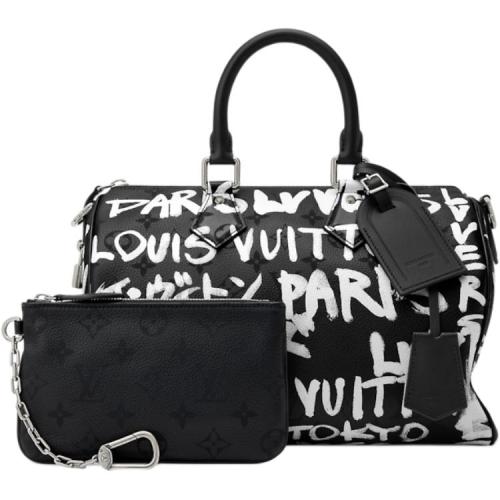 LOUIS VUITTON NIGO Collaboration Speedy Cow Leather Shoulder Bag, Crossbody Bag, Handbag Men's Black & White M26175 size 32*18*22.5 cm