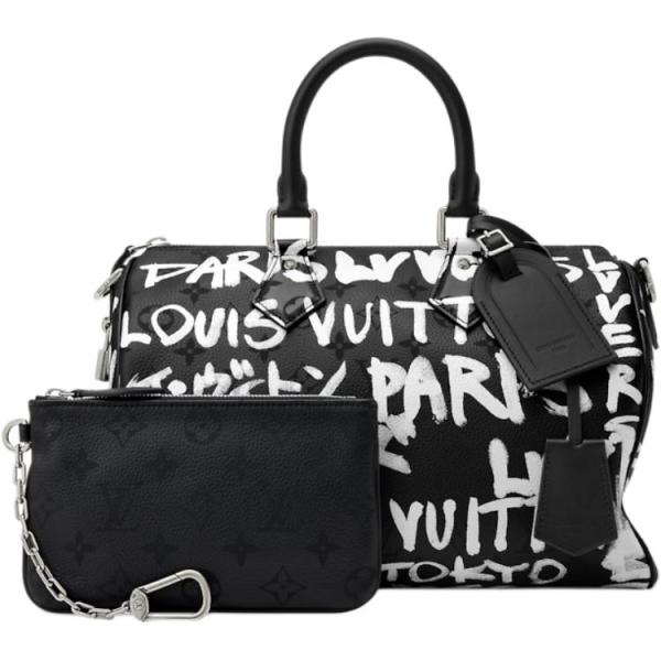 LOUIS VUITTON NIGO Collaboration Speedy Cow Leather Shoulder Bag, Crossbody Bag, Handbag Men's Black & White M26175 size 32*18*22.5 cm