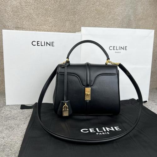 CELINE 16 Satin Cow Leather Handbag, Shoulder Bag Small Women's Black 188003BEY.38NO size 23*10.5*19 cm