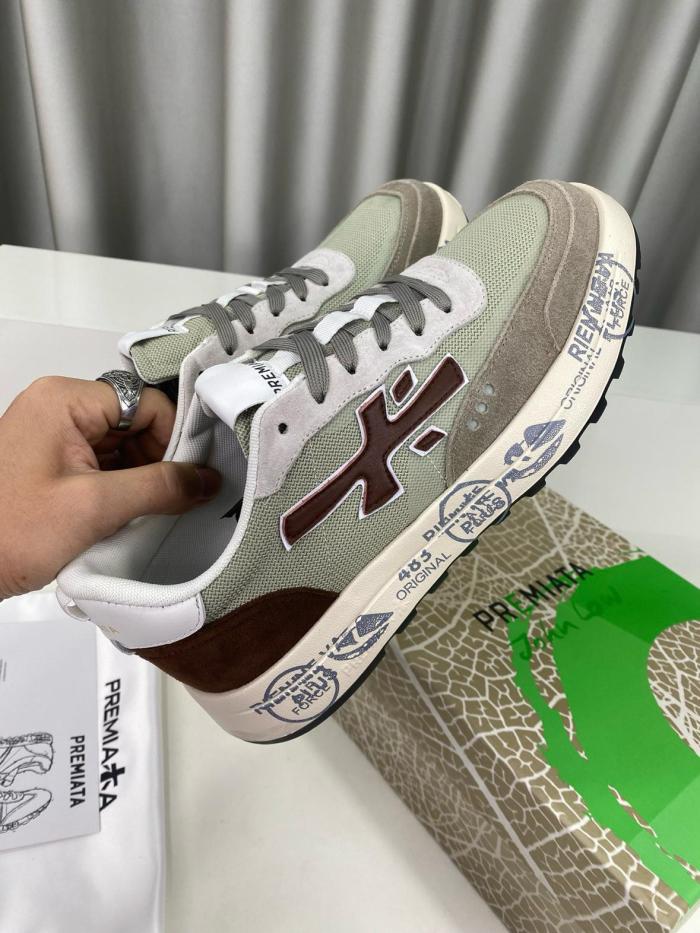 PREMIATA Cowhide Comfort Lace-Up Low-Top Casual Shoes in Brown-Green