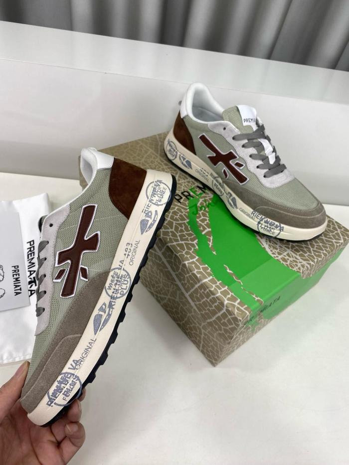 PREMIATA Cowhide Comfort Lace-Up Low-Top Casual Shoes in Brown-Green