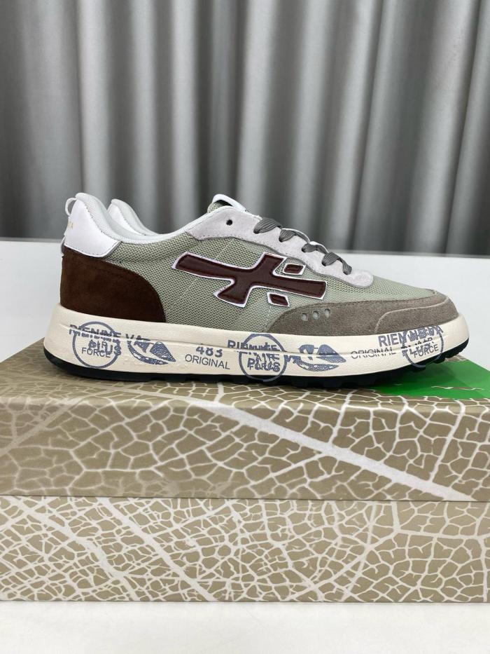 PREMIATA Cowhide Comfort Lace-Up Low-Top Casual Shoes in Brown-Green