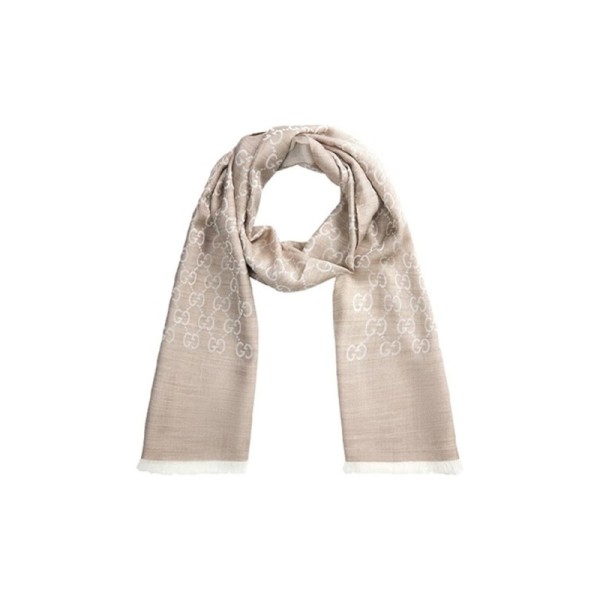 GUCCI GG Jacquard Pattern Two-Tone Wool Silk Scarf Beige