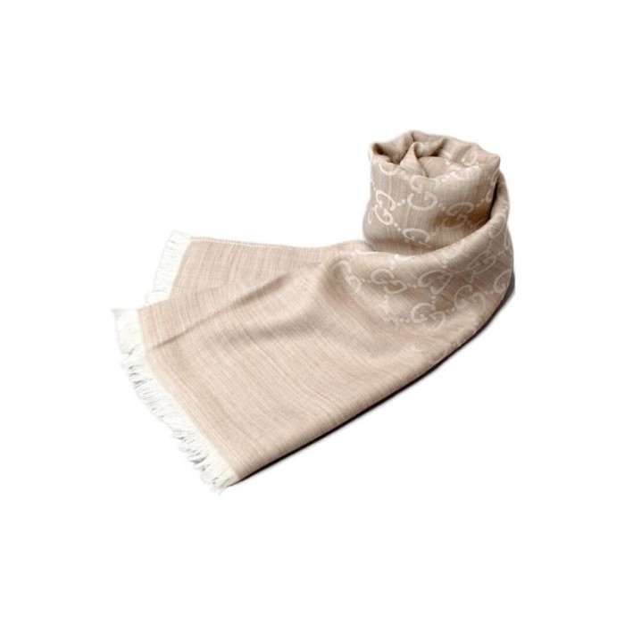 GUCCI GG Jacquard Pattern Two-Tone Wool Silk Scarf Beige
