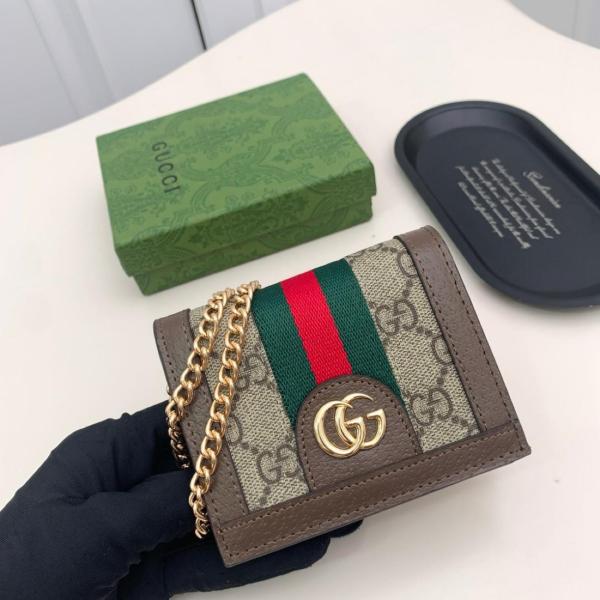 GUCCI Ophidia Canvas With Leather Wallet, Card Holder Women's Ebony/Brown 523155-96IWG-8745 size 11*3*8.5 cm
