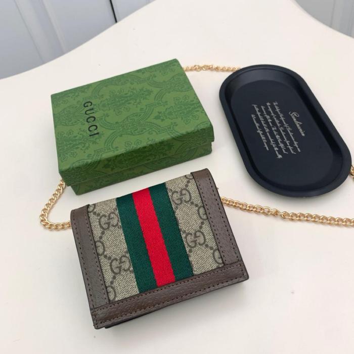 GUCCI Ophidia Canvas With Leather Wallet, Card Holder Women's Ebony/Brown 523155-96IWG-8745 size 11*3*8.5 cm