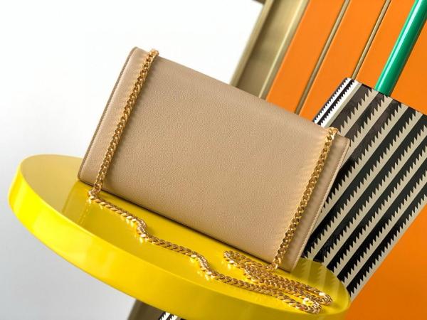 SAINT LAURENT Monogram Calfskin Smooth Finish Leather Crossbody Cell Phone Pouch Women's Dark Beige 635095-0U40J-2721 size 18*2.5*11 cm