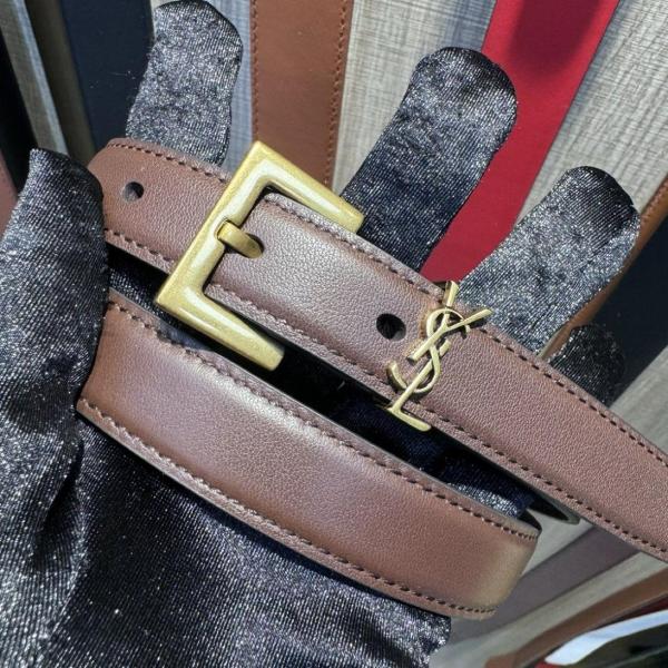 SAINT LAURENT Cow Leather Belts Women's Red Sandalwood Color Width 2CM