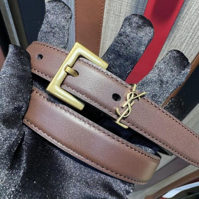 SAINT LAURENT Cow Leather Belts Women's Red Sandalwood Color Width 2CM