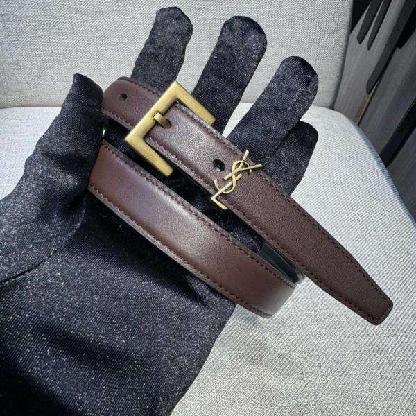 SAINT LAURENT Cow Leather Belts Women's Red Sandalwood Color Width 2CM