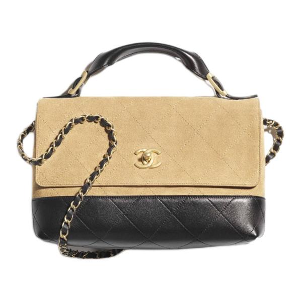 CHANEL Calfskin Suede Dual Blend One Shoulder Handbag Large Women's Beige & Black AS5637-B20827-U1536 size 29*8*18 cm