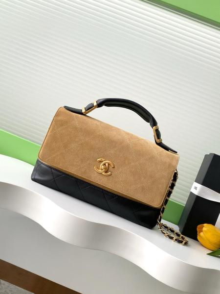 CHANEL Calfskin Suede Dual Blend One Shoulder Handbag Large Women's Beige & Black AS5637-B20827-U1536 size 29*8*18 cm