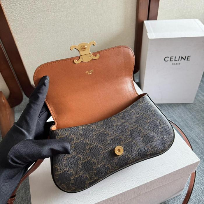 CELINE Logo Print Cow Leather Shoulder Bag, Crossbody Bag, Handbag Women's Tawny 119532FN1-04LU size 20*5*11.5 cm