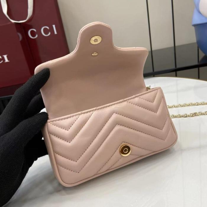 GUCCI GG Marmont Nappa Leather Crossbody Bag, Shoulder Bag Mini Women's Pink Beige 841290-AAFAX-5753 size 16.5*4.5*9.5 cm