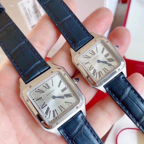 CARTIER SANTOS DE Quartz Movement Women's Watch 38mm Silver Dial Steel Watch Case Crocodile Leather Strap