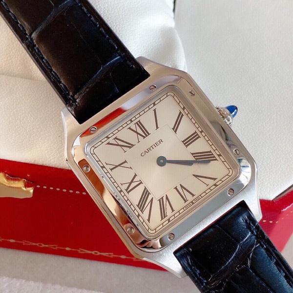 CARTIER SANTOS DE Quartz Movement Women's Watch 38mm Silver Dial Steel Watch Case Crocodile Leather Strap