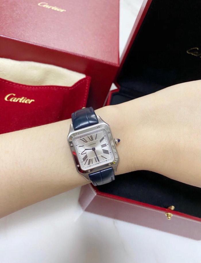 CARTIER SANTOS DE Quartz Movement Women's Watch 38mm Silver Dial Steel Watch Case Crocodile Leather Strap