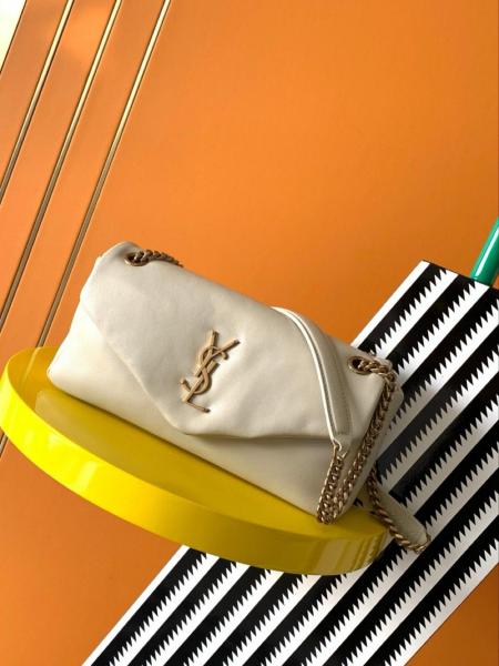 SAINT LAURENT YSL CALYPSO Metal Logo Snap Closure Lambskin Leather Envelope Handbag Crossbody Shoulder Bag Womens Cream 734153-AACQO-9227 size 26*7*14cm