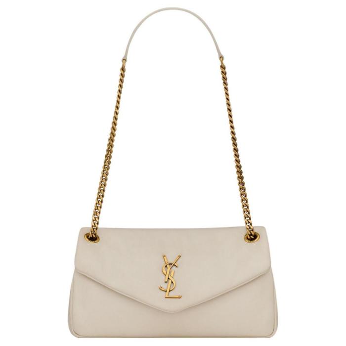 SAINT LAURENT YSL CALYPSO Metal Logo Snap Closure Lambskin Leather Envelope Handbag Crossbody Shoulder Bag Womens Cream 734153-AACQO-9227 size 26*7*14cm