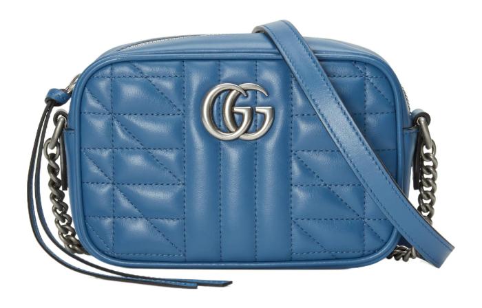 GUCCI GG Marmont Leather Camera Bag, Crossbody Bag, Shoulder Bag Mini Women's Blue 634936-UM8BF-4340 size 17.78*6.1*11.94 cm