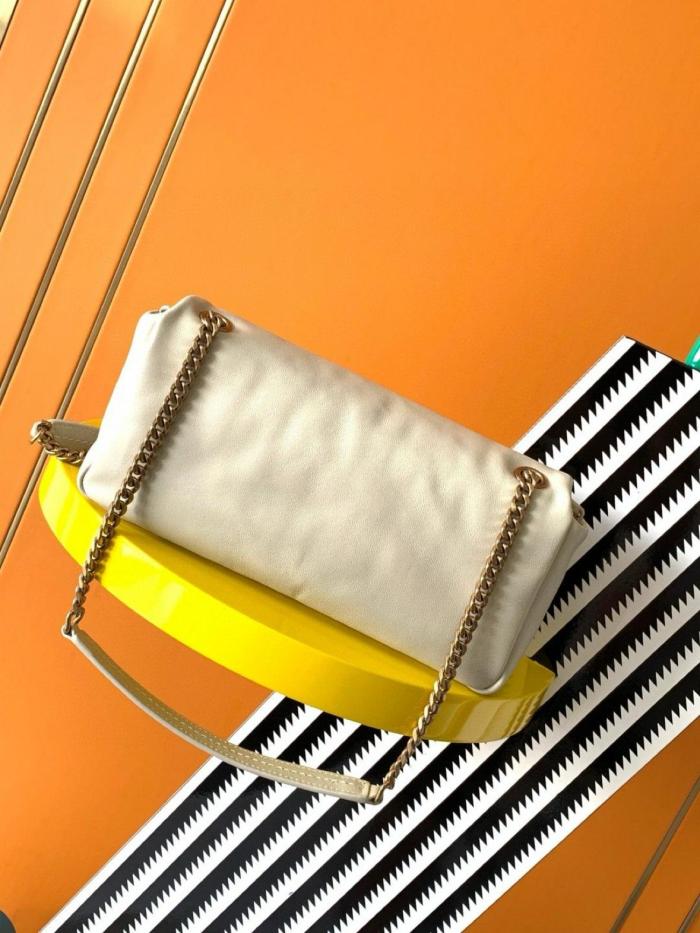 SAINT LAURENT YSL CALYPSO Metal Logo Snap Closure Lambskin Leather Envelope Handbag Crossbody Shoulder Bag Womens Cream 734153-AACQO-9227 size 26*7*14cm