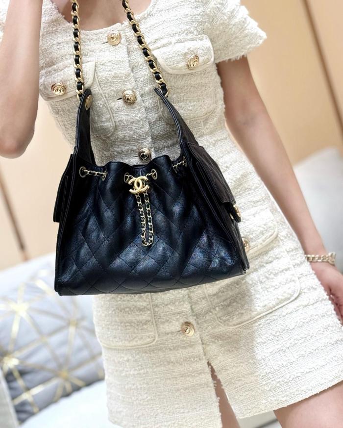 CHANEL 25Bag Grain Calfskin Shoulder Bag Trumpets Women's Black AS5293-B20304-94305 size 30*14*26 cm