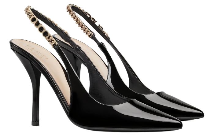 GUCCI 105mm Logo-chain Patent Pumps