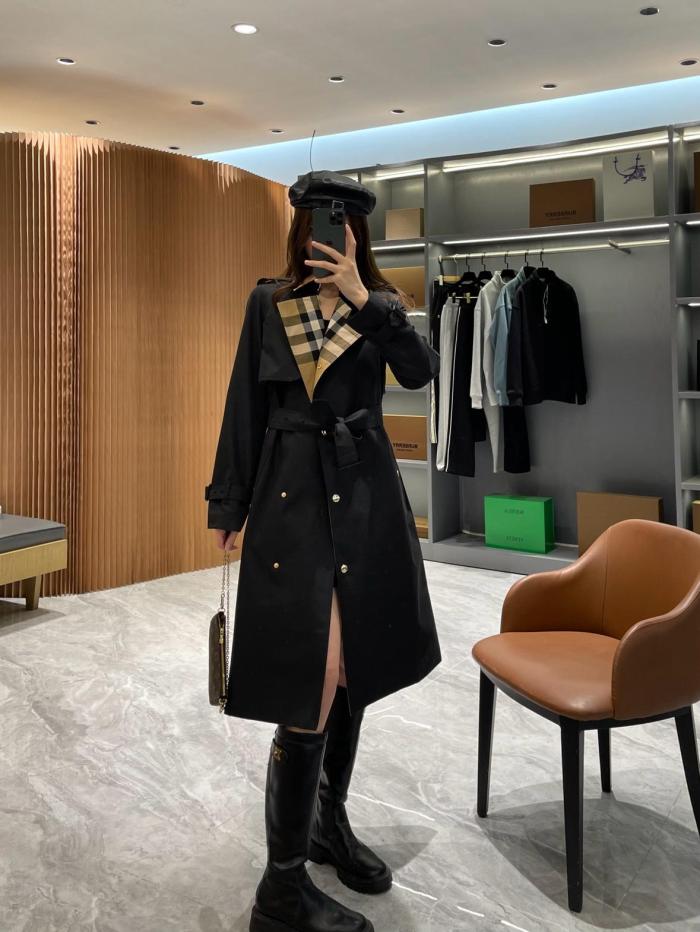 Burberry Check Panel Cotton Trench Coat