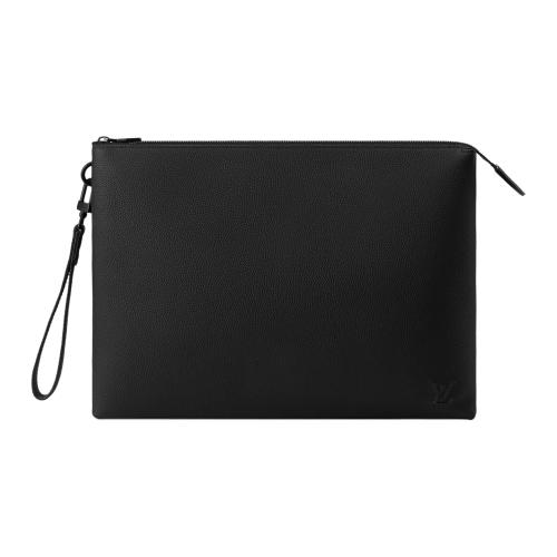 LOUIS VUITTON DUO Waxed Calfskin Clutch Men's Black M25943 size 35.5*6.5*26 cm