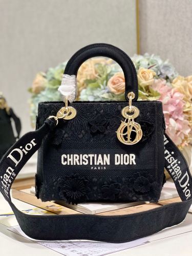 DIOR Lady D Lite Embroidery Lady Dior Bag, Shoulder Bag, Crossbody Bag, Handbag Medium Women's Black size：24*20*11 cm