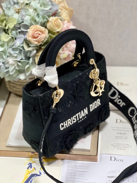 DIOR Lady D Lite Embroidery Lady Dior Bag, Shoulder Bag, Crossbody Bag, Handbag Medium Women's Black size：24*20*11 cm