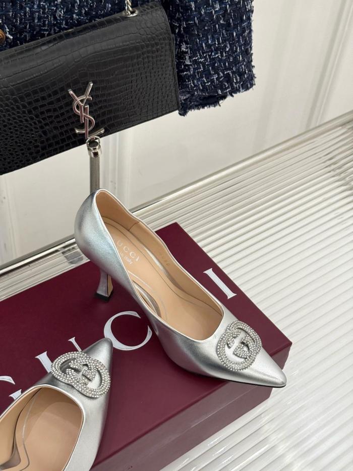 GUCCI Interlocking G Slim Heel High Heels 8.5cm Women's Silver