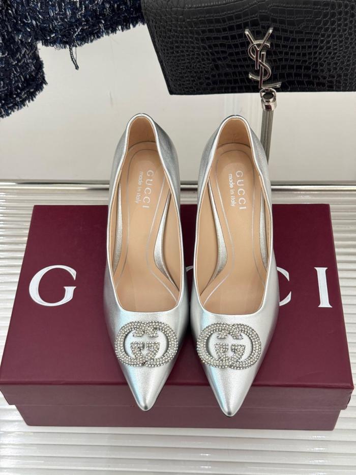 GUCCI Interlocking G Slim Heel High Heels 8.5cm Women's Silver